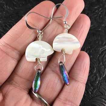 White Mother of Pearl Polar Bear and Northern Lights Dagger Earrings with Silver Wire #Ci1iV59fIyw