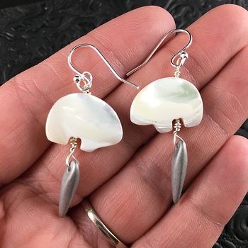 White Mother of Pearl Polar Bear and Silver Spike Earrings with Silver Wire #IfTvJchpXLY