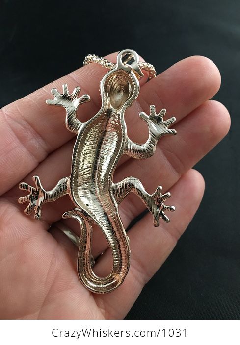 White Rhinestone and Gold Tone Gecko Lizard Pendant - #mhZooNOVZwc-2