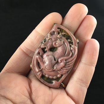 Winged Pegasus Horse Carved in Pink Rhodonite Stone and Set on Tiger Eye Jewelry Pendant #llcLm085z6Q