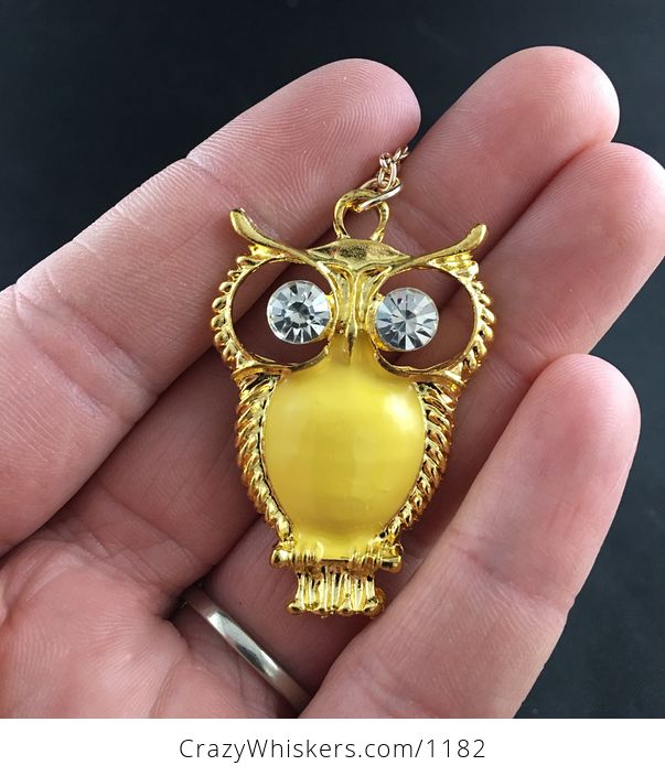 Yellow and Gold Tone Owl Pendant with Crystal Rhinestone Eyes - #Kx5eTxjDQmA-1