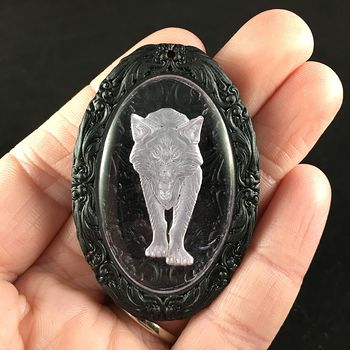 3d Engraved Wolf Cabochon Set in Ornate Black Floral Jasper Stone Jewelry Pendant #4EfAhWbGss8