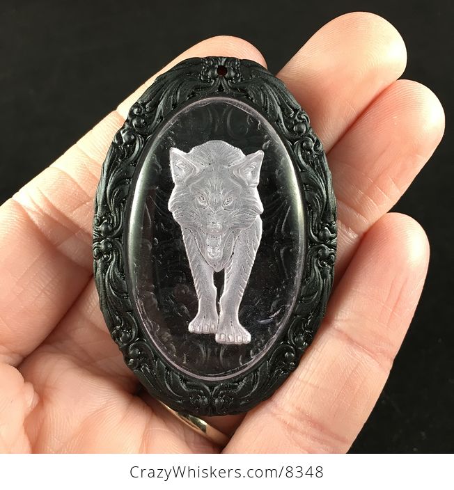 3d Engraved Wolf Cabochon Set in Ornate Black Floral Jasper Stone Jewelry Pendant - #4EfAhWbGss8-1