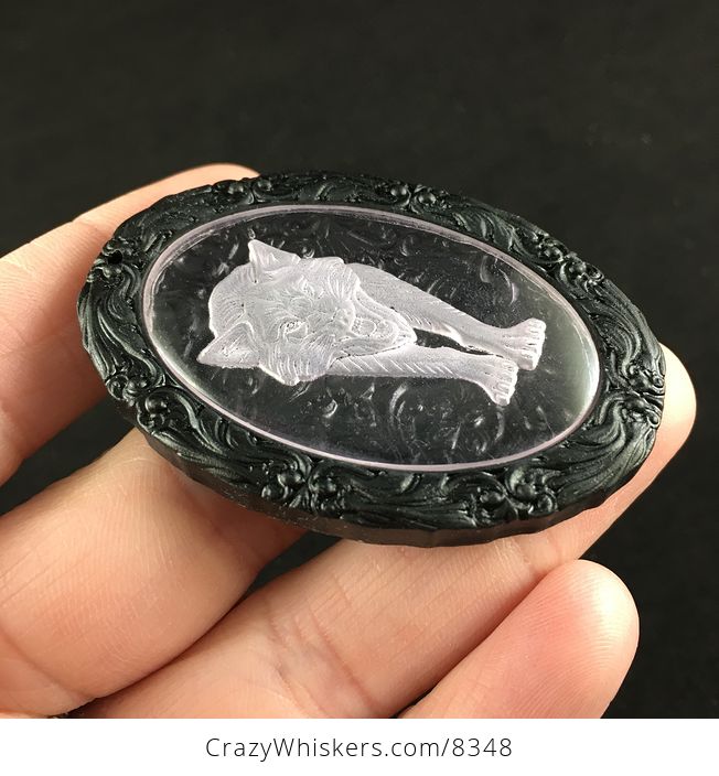 3d Engraved Wolf Cabochon Set in Ornate Black Floral Jasper Stone Jewelry Pendant - #4EfAhWbGss8-4