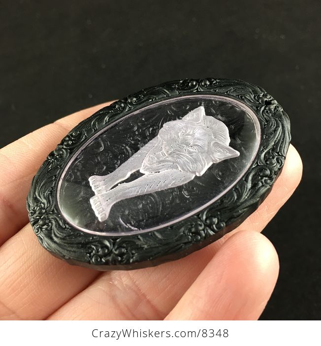 3d Engraved Wolf Cabochon Set in Ornate Black Floral Jasper Stone Jewelry Pendant - #4EfAhWbGss8-3