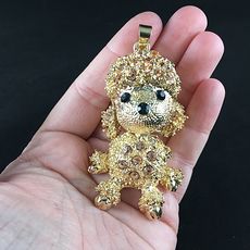 Adorable Articulated Sitting Poodle Puppy Dog Pendant with Rhinestones on Textured Gold Tone #KXbqsu2IdVY