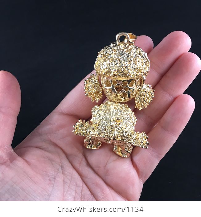 Adorable Articulated Sitting Poodle Puppy Dog Pendant with Rhinestones on Textured Gold Tone - #KXbqsu2IdVY-4