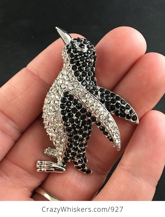 Adorable Black and White Crystal Rhinestone Penguin Brooch Pin and Pendant on Silver Tone - #2DoIICKKJH8-1