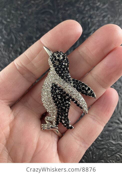 Adorable Black and White Crystal Rhinestone Penguin Brooch Pin and Pendant on Silver Tone - #5DutXsUHMcc-1