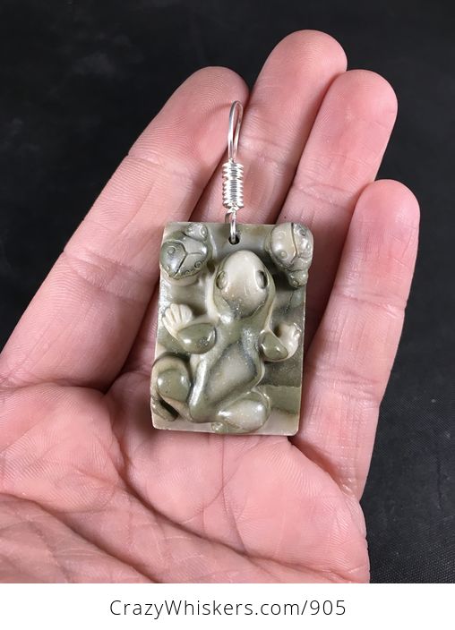 Adorable Carved Frog and Ladybugs Ribbon Jasper Stone Pendant with Wire Bail - #ip28Rkka5K8-1