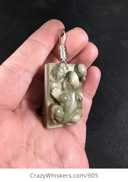Adorable Carved Frog and Ladybugs Ribbon Jasper Stone Pendant with Wire Bail - #ip28Rkka5K8-3