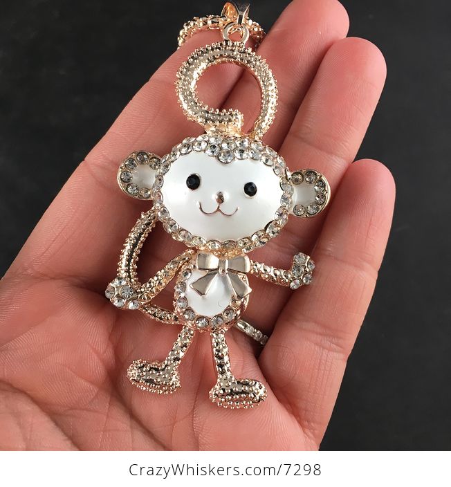 Adorable Moving White Monkey Jewelry Necklace Pendant on Gold Tone - #yyRojjZK00g-4
