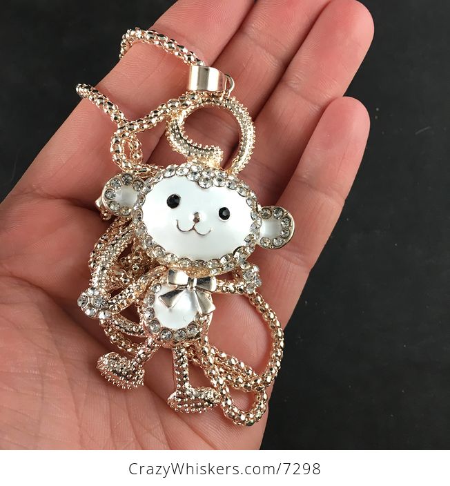 Adorable Moving White Monkey Jewelry Necklace Pendant on Gold Tone - #yyRojjZK00g-5