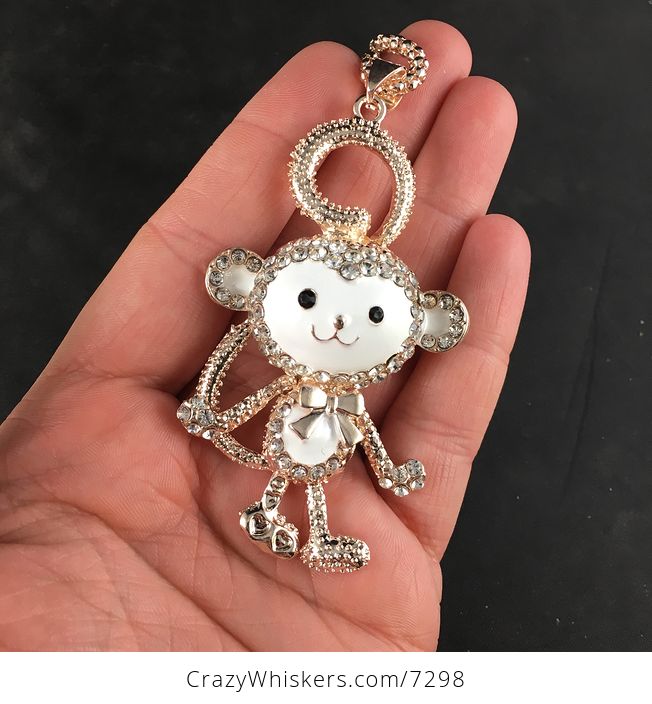 Adorable Moving White Monkey Jewelry Necklace Pendant on Gold Tone - #yyRojjZK00g-1
