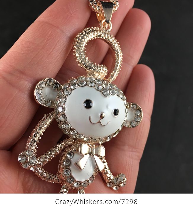 Adorable Moving White Monkey Jewelry Necklace Pendant on Gold Tone - #yyRojjZK00g-2