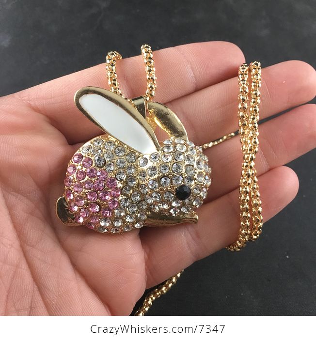 Adorable Pink and White Rhinestone Bunny Rabbit Pendant Necklace - #fGQW6meZ1gI-1