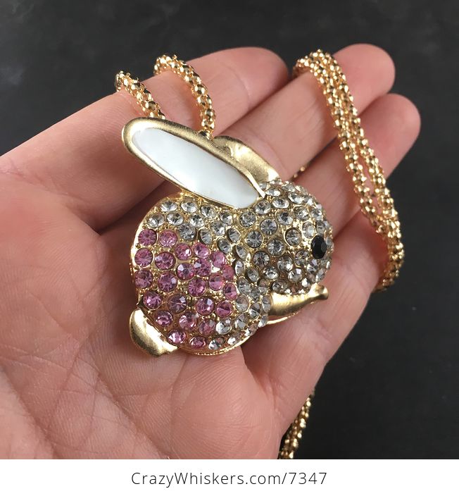 Adorable Pink and White Rhinestone Bunny Rabbit Pendant Necklace - #fGQW6meZ1gI-2