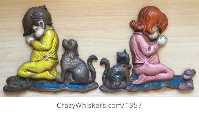 Adorable Vintage Painted Metal Sexton Praying Cat Dog Girl and Boy Wall Plaques Set of 2 - #nDW1igqfhx8-1