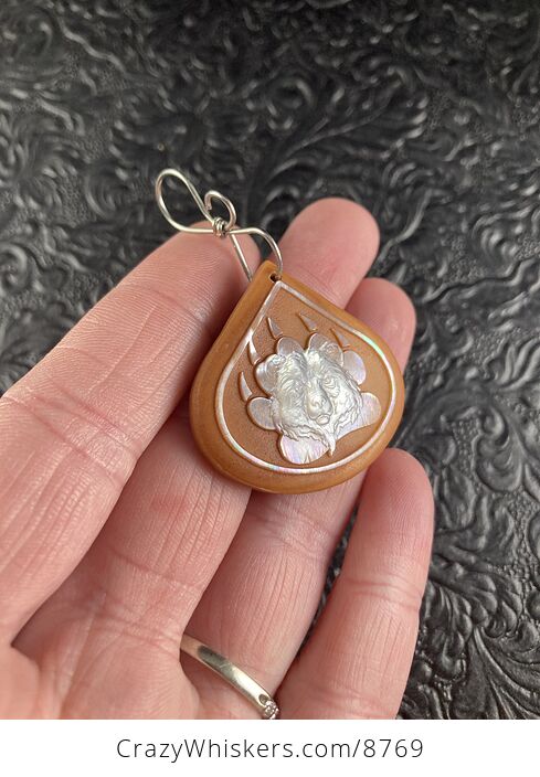 Animal Stone Jewelry Pendant Bear and Paw Carved in Mother of Pearl on Orange Jasper - #D4O0aeShjns-4