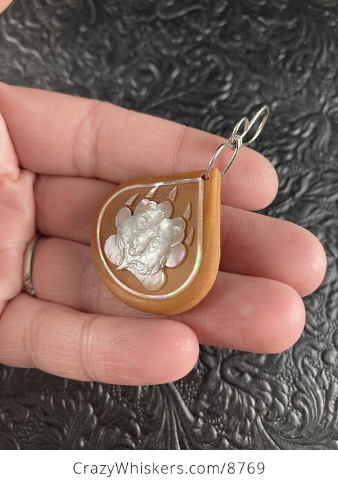 Animal Stone Jewelry Pendant Bear and Paw Carved in Mother of Pearl on Orange Jasper - #D4O0aeShjns-3