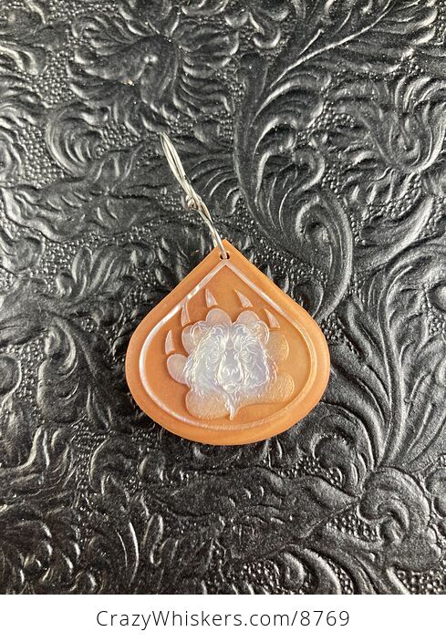 Animal Stone Jewelry Pendant Bear and Paw Carved in Mother of Pearl on Orange Jasper - #D4O0aeShjns-5
