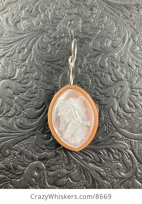 Animal Stone Jewelry Pendant Bear with Fish Carved in Mother of Pearl on Orange Jasper - #wx00sipAjas-4