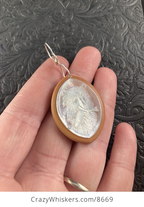 Animal Stone Jewelry Pendant Bear with Fish Carved in Mother of Pearl on Orange Jasper - #wx00sipAjas-3