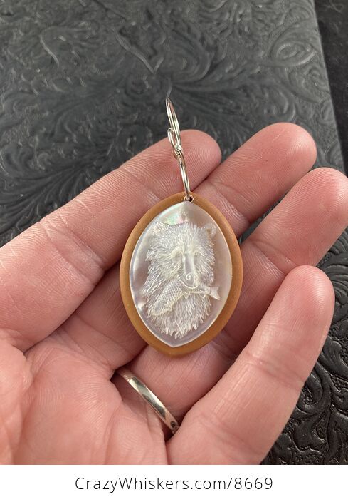 Animal Stone Jewelry Pendant Bear with Fish Carved in Mother of Pearl on Orange Jasper - #wx00sipAjas-1