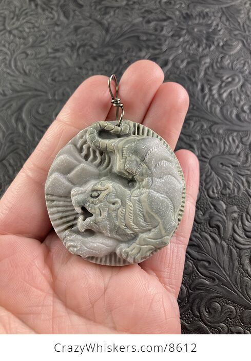 Animal Stone Jewelry Pendant Carved Attacking Tiger in Jasper - #ypxI1FpQsTs-1