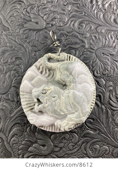 Animal Stone Jewelry Pendant Carved Attacking Tiger in Jasper - #ypxI1FpQsTs-2