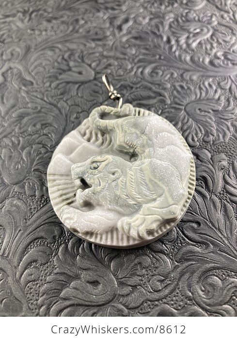Animal Stone Jewelry Pendant Carved Attacking Tiger in Jasper - #ypxI1FpQsTs-3