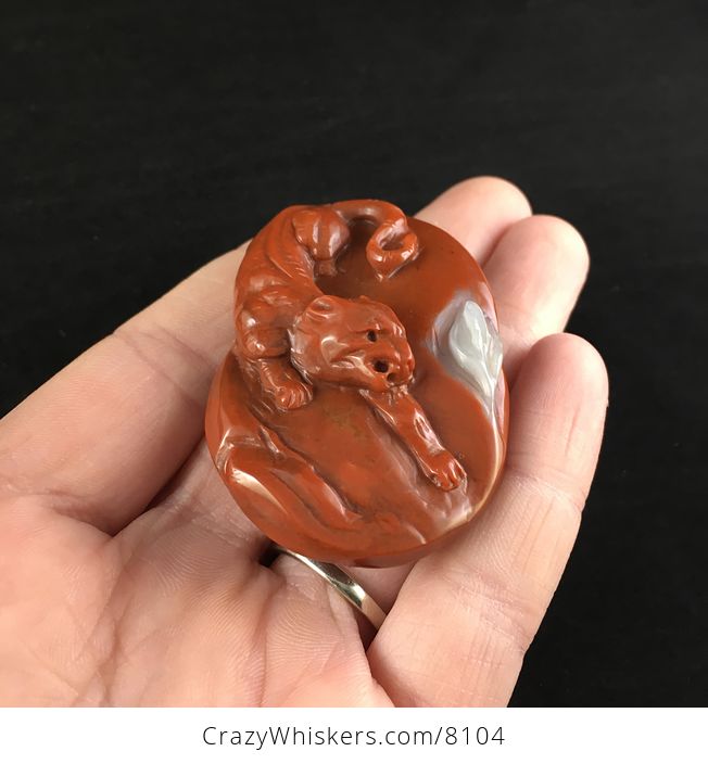 Animal Stone Jewelry Pendant Carved Tiger and Lily Flower in Red and White Jasper - #ALjHSoLaW0E-2