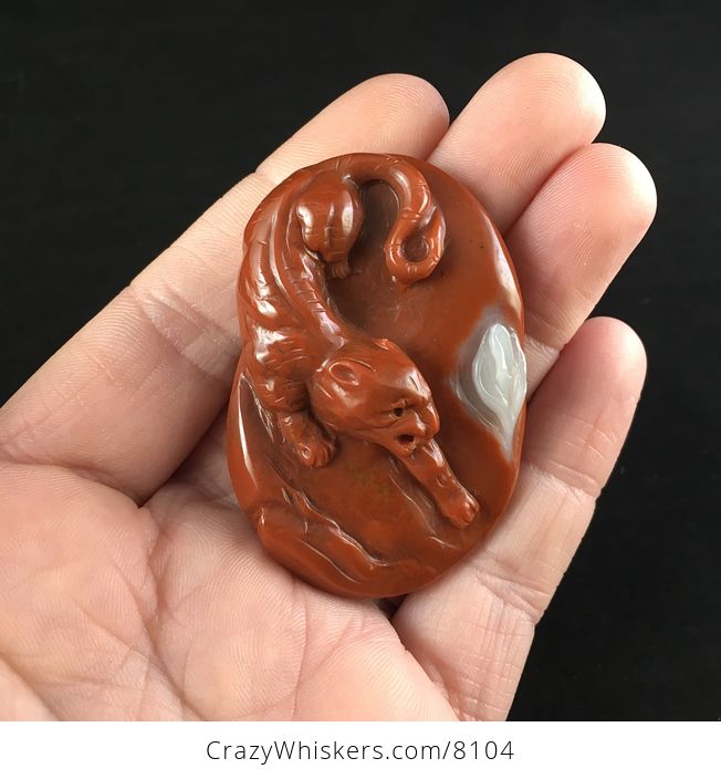Animal Stone Jewelry Pendant Carved Tiger and Lily Flower in Red and White Jasper - #ALjHSoLaW0E-1