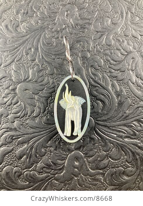 Animal Stone Jewelry Pendant Elephant Carved in Mother of Pearl on Black Jasper - #qnIFIO5ZpdE-1