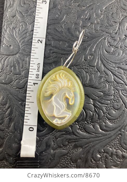 Animal Stone Jewelry Pendant Horse Carved in Mother of Pearl on Lemon Jade - #7LlOUeCJnmE-5