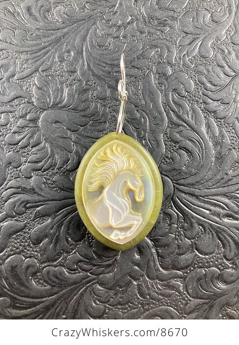 Animal Stone Jewelry Pendant Horse Carved in Mother of Pearl on Lemon Jade - #7LlOUeCJnmE-4