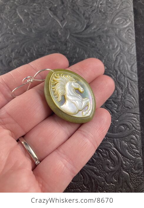 Animal Stone Jewelry Pendant Horse Carved in Mother of Pearl on Lemon Jade - #7LlOUeCJnmE-3