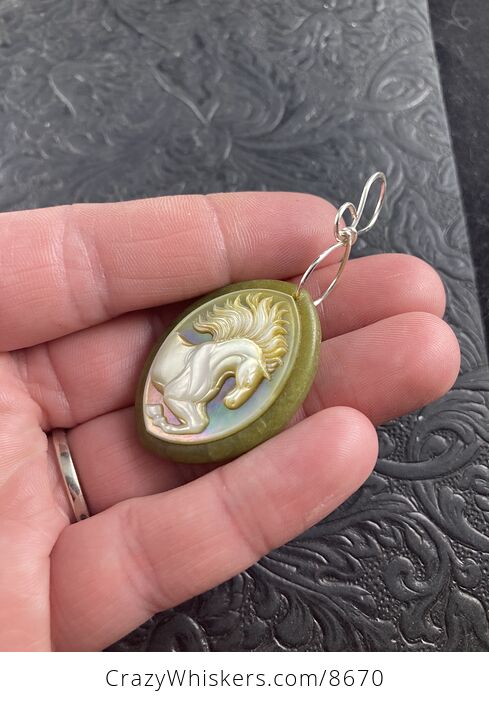 Animal Stone Jewelry Pendant Horse Carved in Mother of Pearl on Lemon Jade - #7LlOUeCJnmE-2