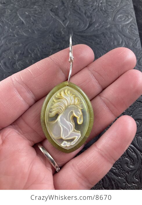 Animal Stone Jewelry Pendant Horse Carved in Mother of Pearl on Lemon Jade - #7LlOUeCJnmE-1