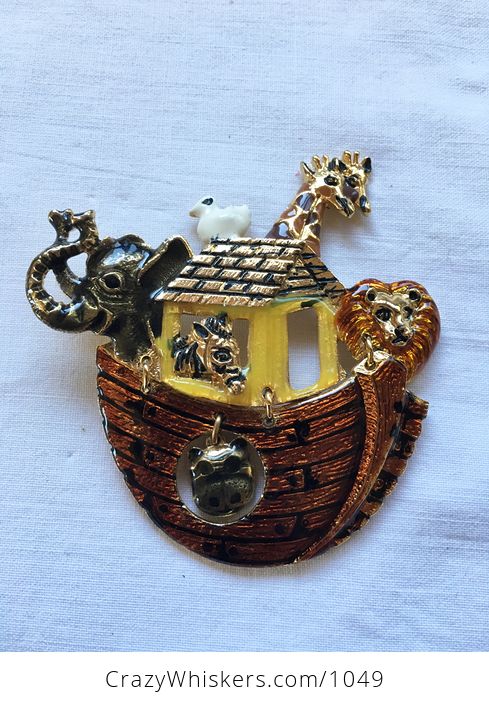 Articulated Don Lin Noahs Ark Vintage Brooch Pin Gold Tone with Colored Enamel Dove Elephant Giraffe Lion Hippo and Zebra - #UE8tkqxSXs0-3