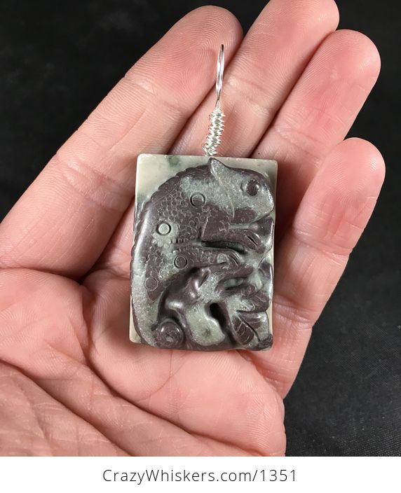 Awesome Brown and Green Carved Chameleon Lizard Ribbon Jasper Stone Pendant with Wire Bail - #9stLY9giIog-1