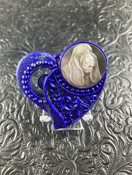 Basset Hound Carved Mother of Pearl Shell and Lapis Lazuli Heart Stone Cabochon Jewelry Mini Art Ornament #RWaCG3mYUhE