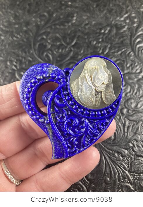 Basset Hound Carved Mother of Pearl Shell and Lapis Lazuli Heart Stone Cabochon Jewelry Mini Art Ornament - #RWaCG3mYUhE-4