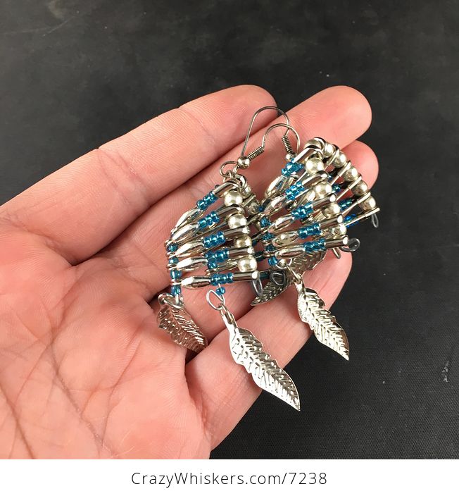 Beaded Silver and Blue Native American Headdress Earrings - #Ejqwakj4Sas-1