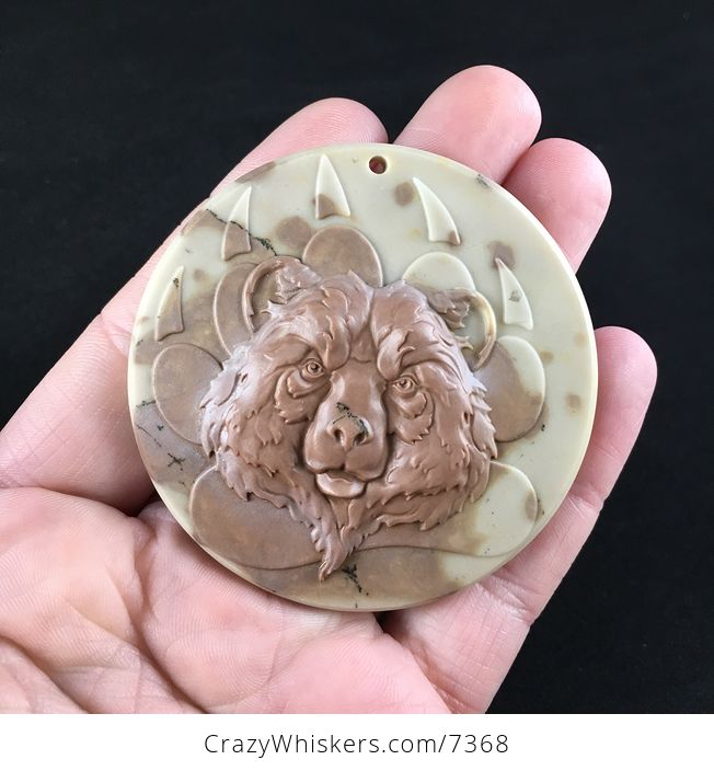 Bear and Paw Print Carved Ribbon Jasper Stone Pendant Jewelry - #UBjuk24Nkgk-1