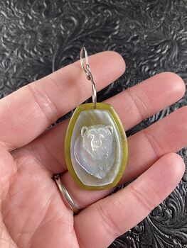 Bear Carved Mother of Pearl Shell on Lemon Jade Stone Pendant Jewelry Ornament Mini Art #AIv0YEGn1Ac