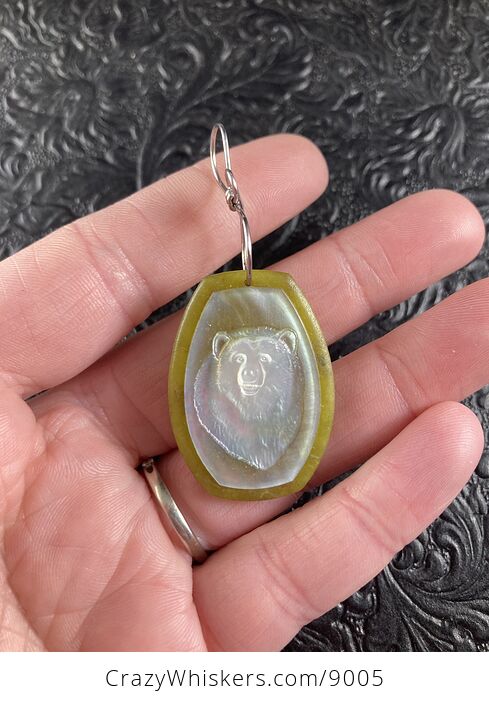 Bear Carved Mother of Pearl Shell on Lemon Jade Stone Pendant Jewelry Ornament Mini Art - #AIv0YEGn1Ac-1