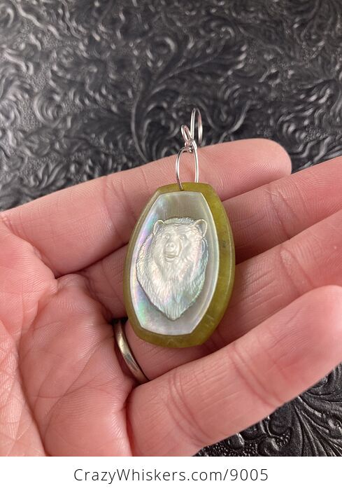 Bear Carved Mother of Pearl Shell on Lemon Jade Stone Pendant Jewelry Ornament Mini Art - #AIv0YEGn1Ac-3