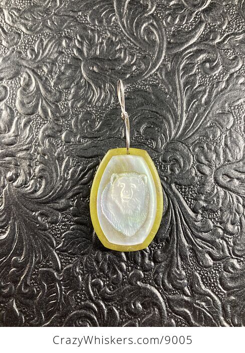 Bear Carved Mother of Pearl Shell on Lemon Jade Stone Pendant Jewelry Ornament Mini Art - #AIv0YEGn1Ac-4