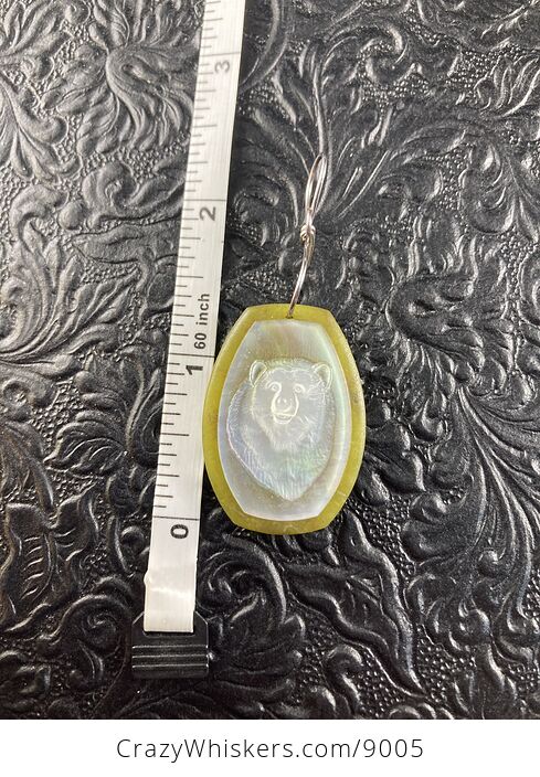 Bear Carved Mother of Pearl Shell on Lemon Jade Stone Pendant Jewelry Ornament Mini Art - #AIv0YEGn1Ac-5